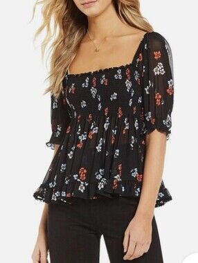 Free People Black Floral Smocked Blouse